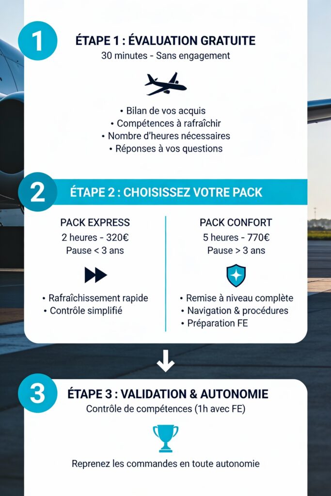 Reprendre le pilotage Parcours pour reprendre le pilotage après une pause à l'Aéroclub des IPSA Toussus-le-Noble